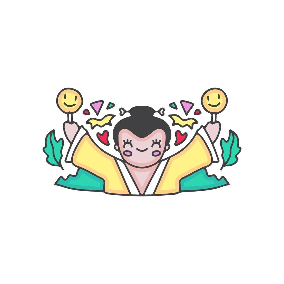 gueixa japonesa fofa com emoji de sorriso. ilustração dos desenhos animados. vetor