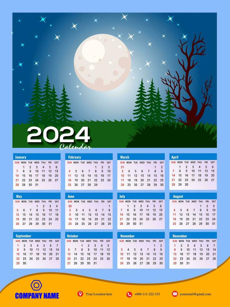 2024 1 página parede calendário Projeto modelo, moderno 12 meses 1 página calendário. moderno parede calendário Projeto 2024. impressão pronto 1 página parede calendário modelo Projeto para 2024. semana começa em Domingo. vetor
