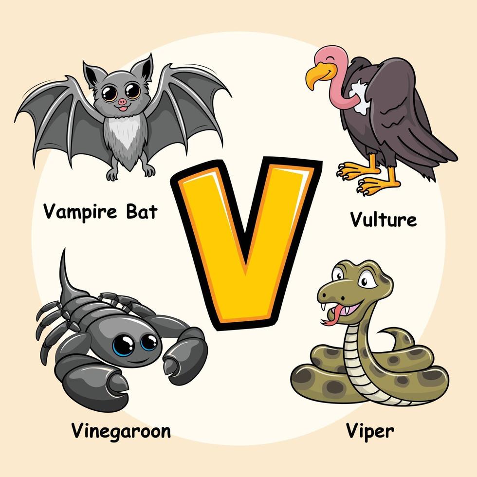 animais alfabeto letra v para abutre víbora vampiro morcego vinegaroon vetor