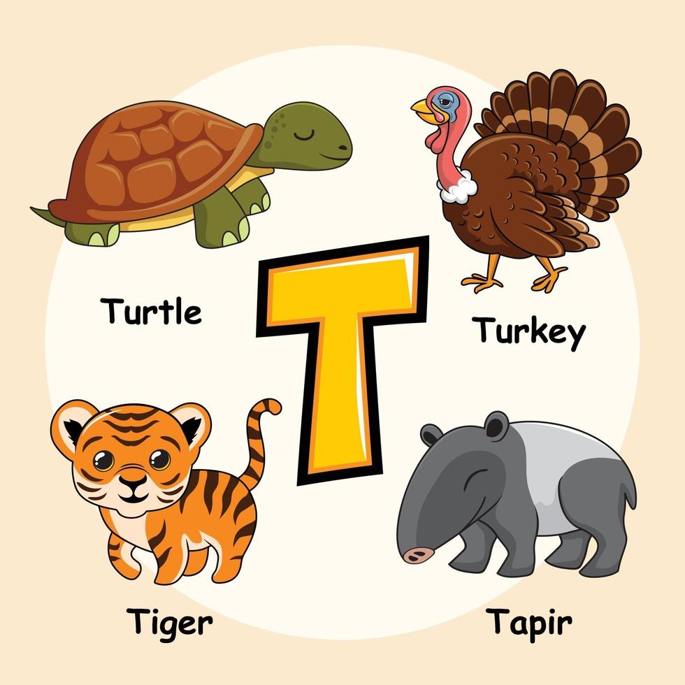 animais da letra t do alfabeto para tartaruga tigre peru anta vetor