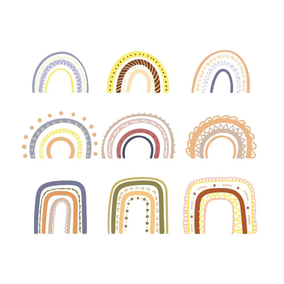 conjunto de 9 arco-íris colorido desenhado à mão vetor