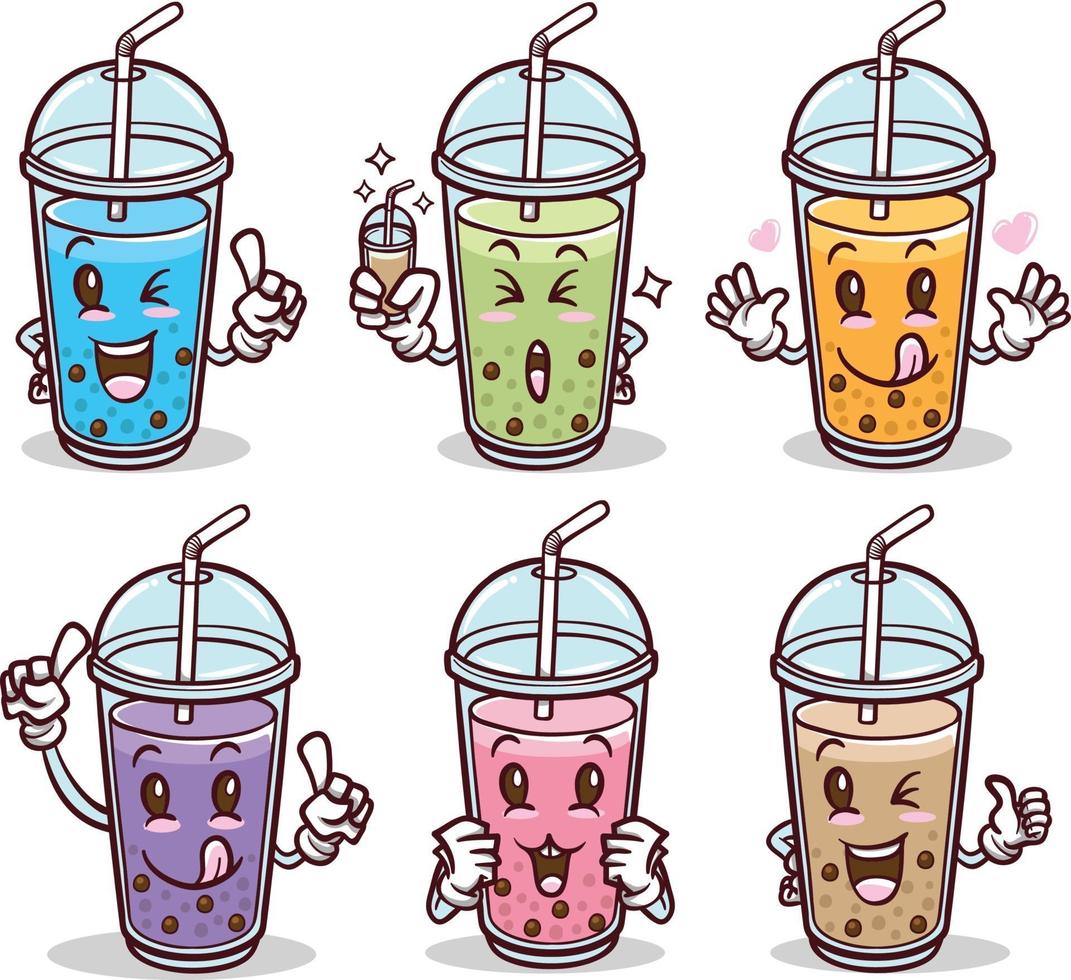 Conjunto de adesivos emoticons emoticons fofos, chá bolha bebida vetor