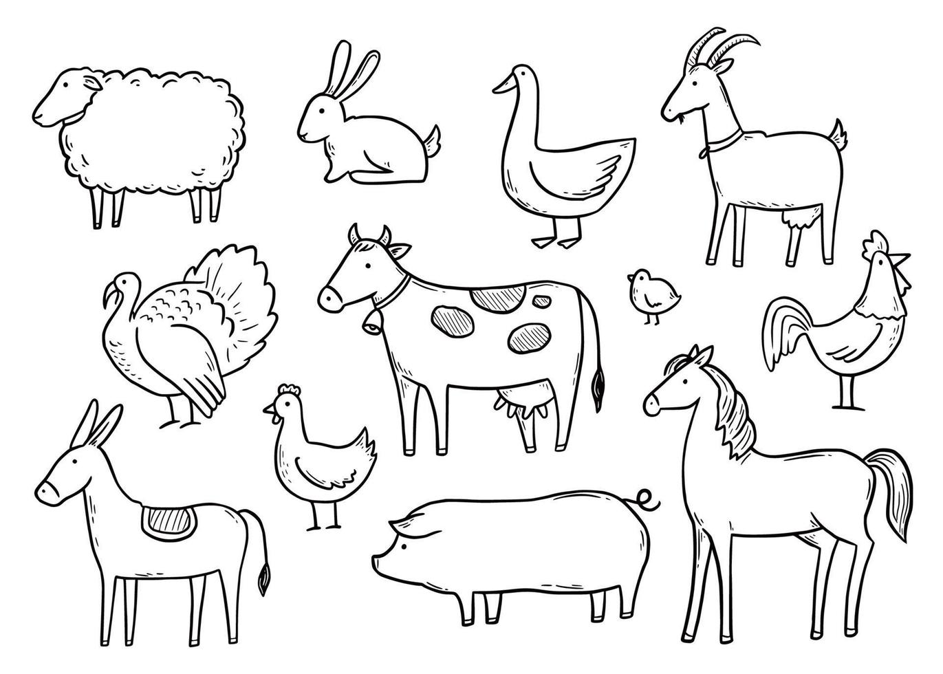 conjunto desenhado à mão fazenda animal doméstico vetor
