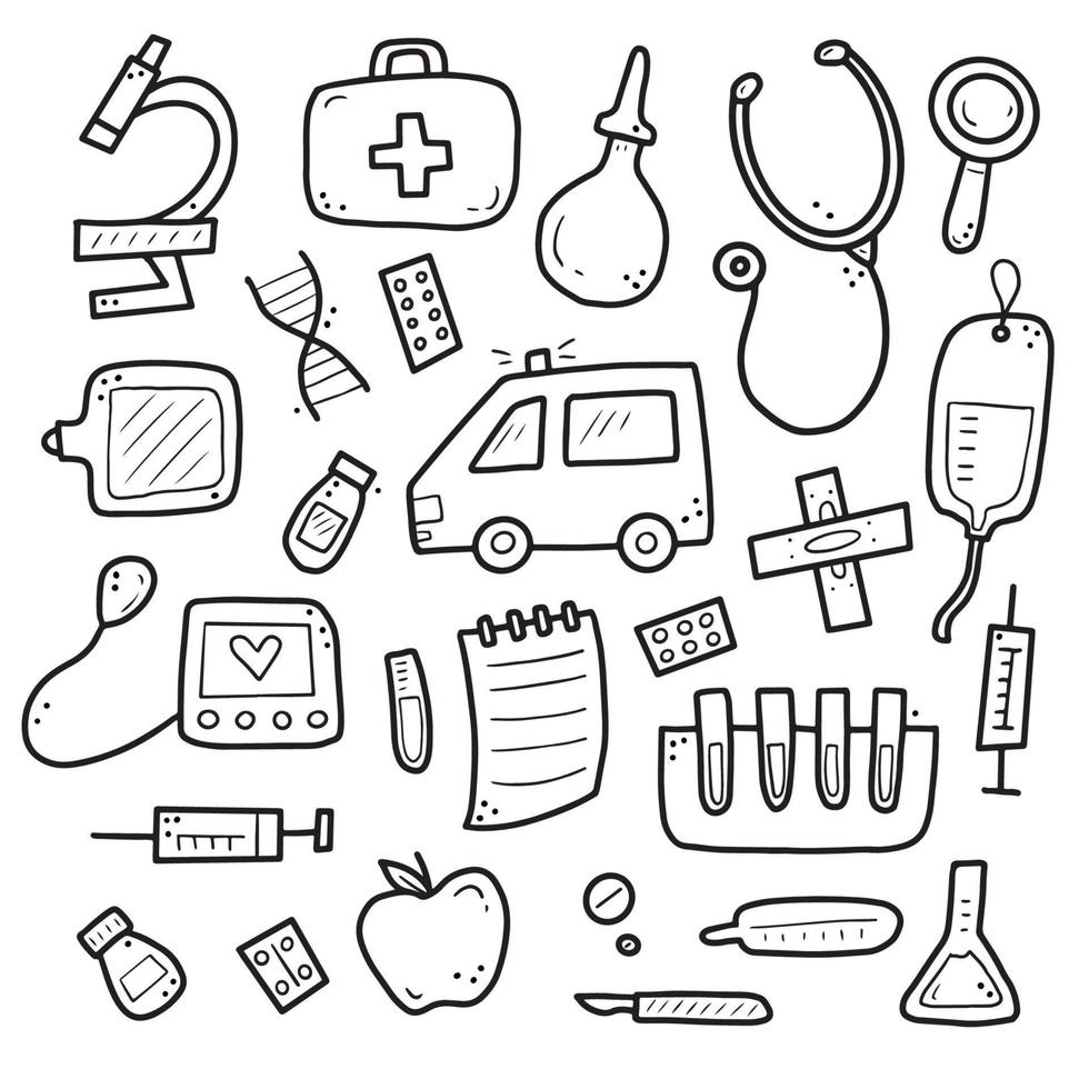 conjunto de ilustração de elementos de medicina doodle de mão desenhada. vetor