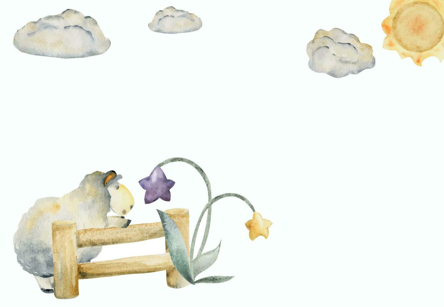 aguarela mão desenhado ilustração, fofa pequeno pelúcia bebê ovelha pulando cerca, Estrela flores, Sol e nuvens composição isolado em branco fundo. para crianças crianças quarto, tecido, roupa de cama impressão vetor