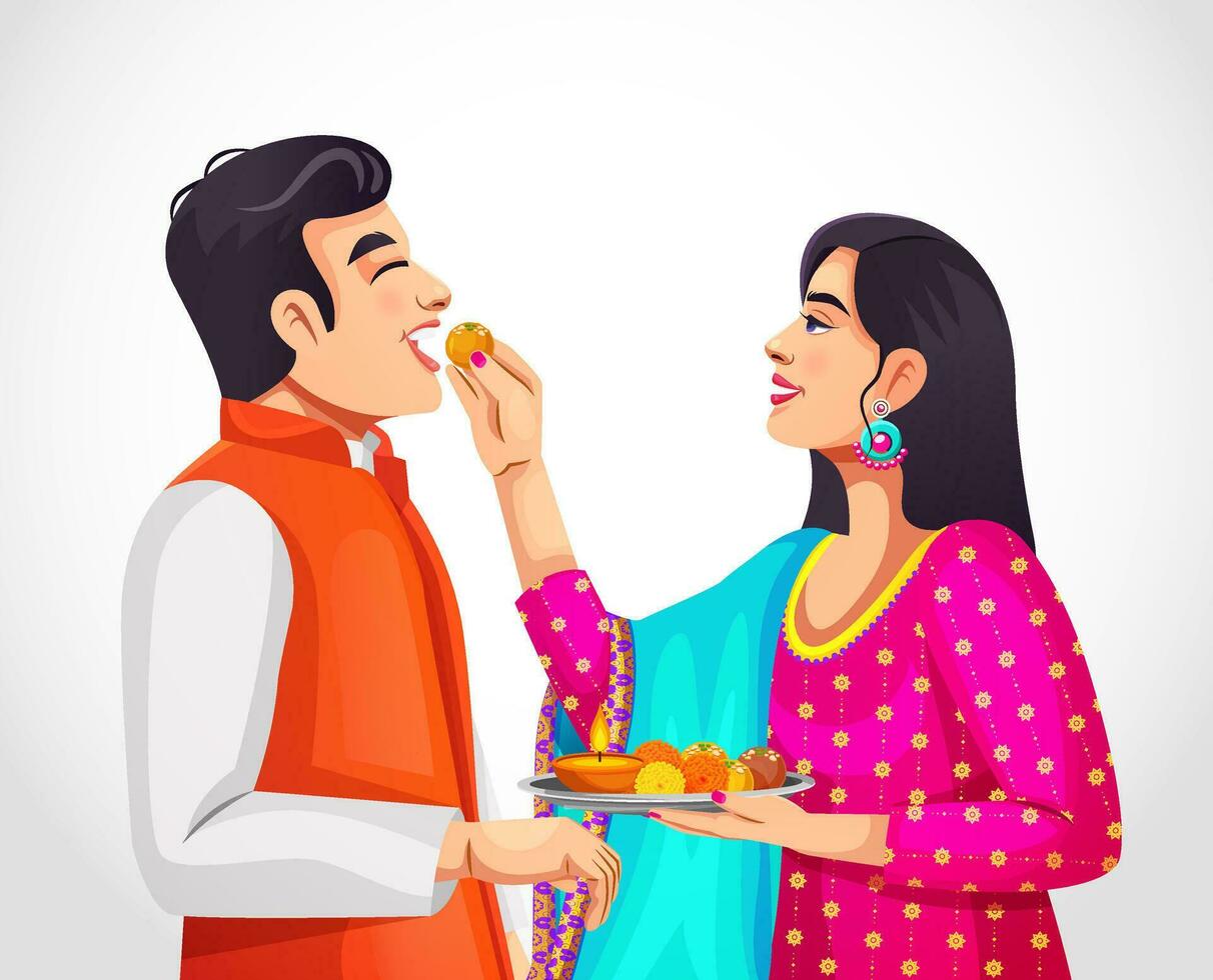 indiano irmão e irmã comemoro bhai dooj ou rakshabandhan festival com argila óleo lâmpada, flores, e doce laddu em uma placa, isolado fundo vetor