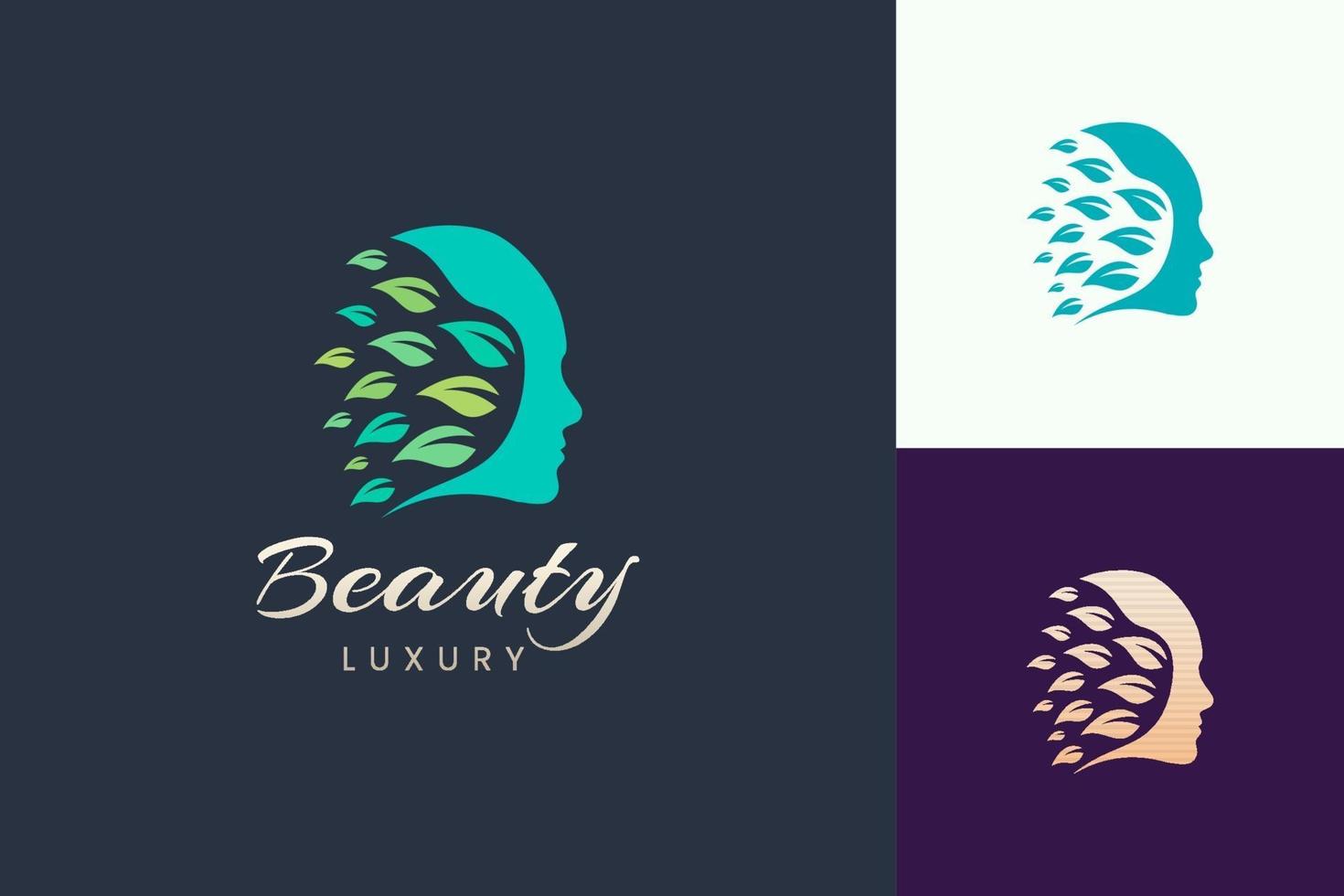 logotipo da beleza com formato de folha e rosto para marca de cosméticos e cuidados com a pele vetor