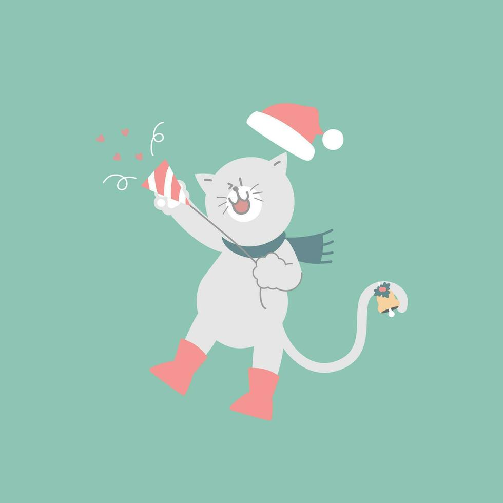 alegre Natal e feliz Novo ano com fofa gato segurando festa popper, fogo de artifício e confete dentro a inverno estação verde fundo, plano vetor ilustração desenho animado personagem traje Projeto