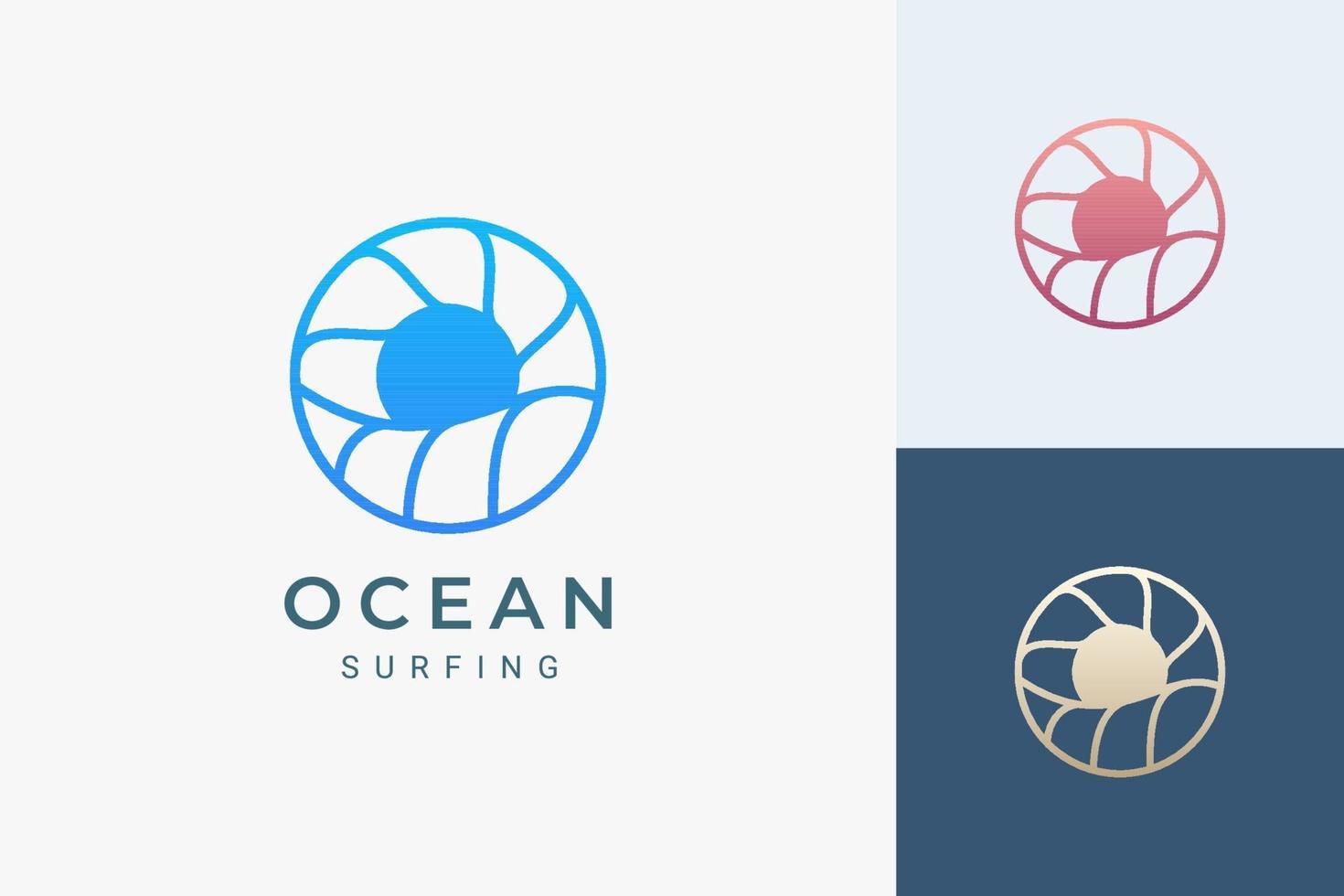 logotipo do tema mar ou água com ondas e sol em forma de círculo vetor