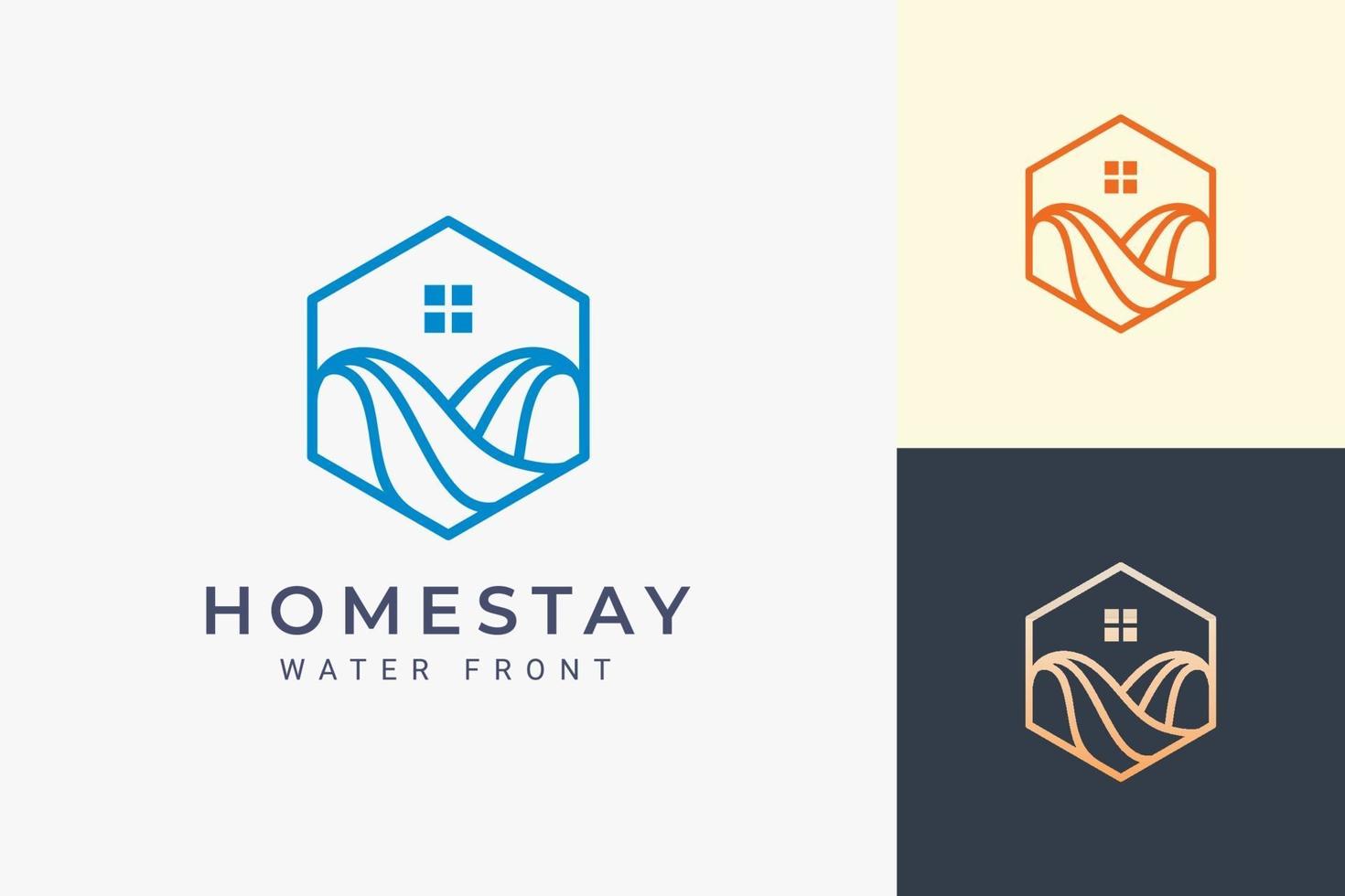 logotipo do apartamento à beira-mar ou à beira-mar em linha simples e formato hexagonal vetor