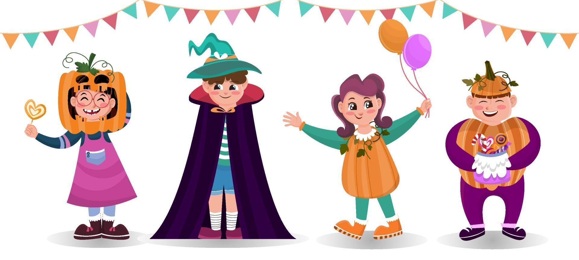 Um Conjunto De Autocolantes De Doze Crianças De Festa De Halloween. Crianças  Com Roupas Coloridas De Halloween Estilo Cartoon Ilustração do Vetor -  Ilustração de menina, cartoon: 228248022