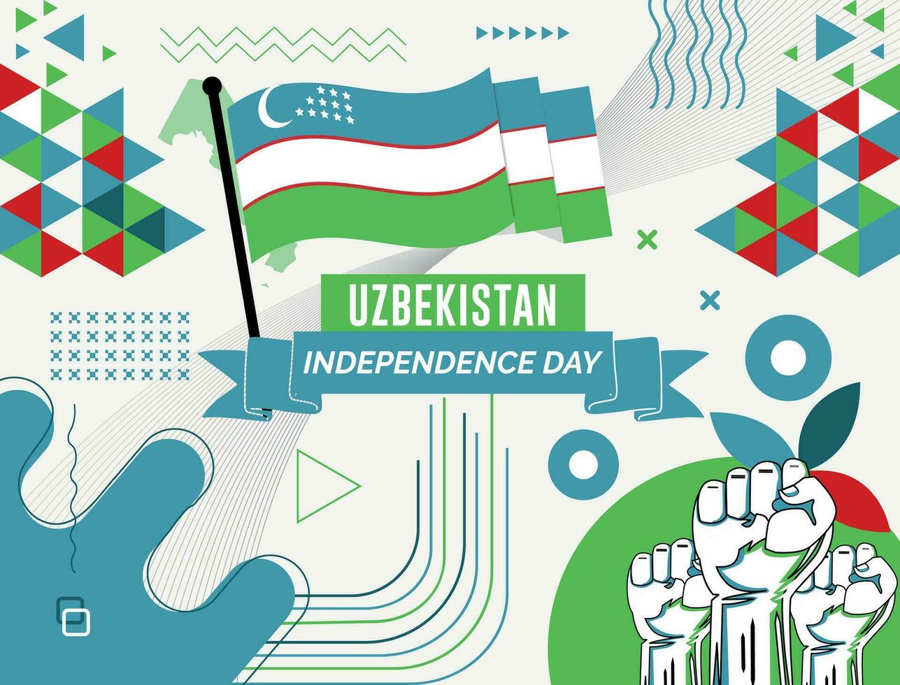 uzbequistão nacional dia bandeira com mapa, bandeira cores tema fundo e geométrico abstrato retro moderno colorido Projeto com elevado mãos ou punhos. vetor
