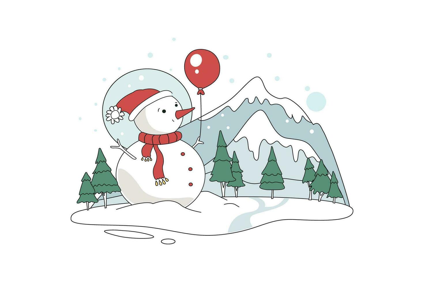 boneco de neve e balões plano ilustração vetor