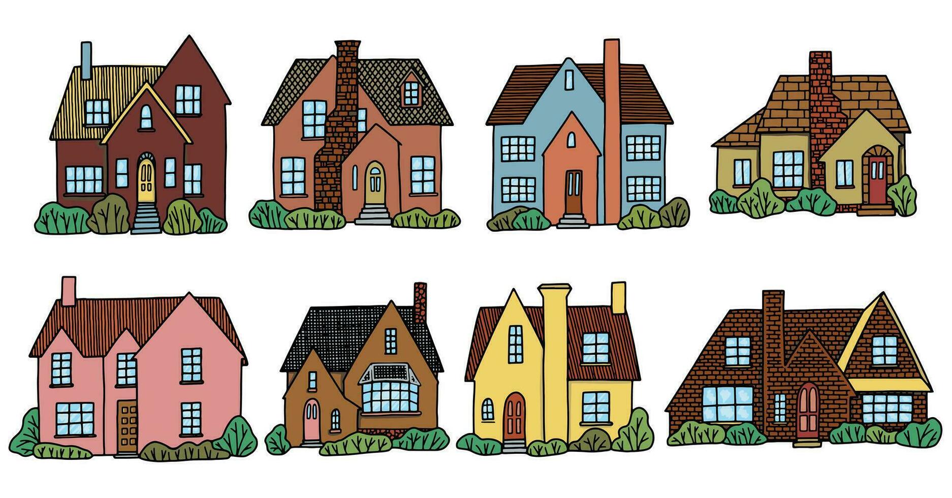 conjunto do vários adorável país casas. coleção do mão desenhado vetor ilustração dentro desenho animado plano estilo. colorida desenhos isolado em branco. para projeto, cartões, imprimir, bandeiras, cartazes, adesivos.