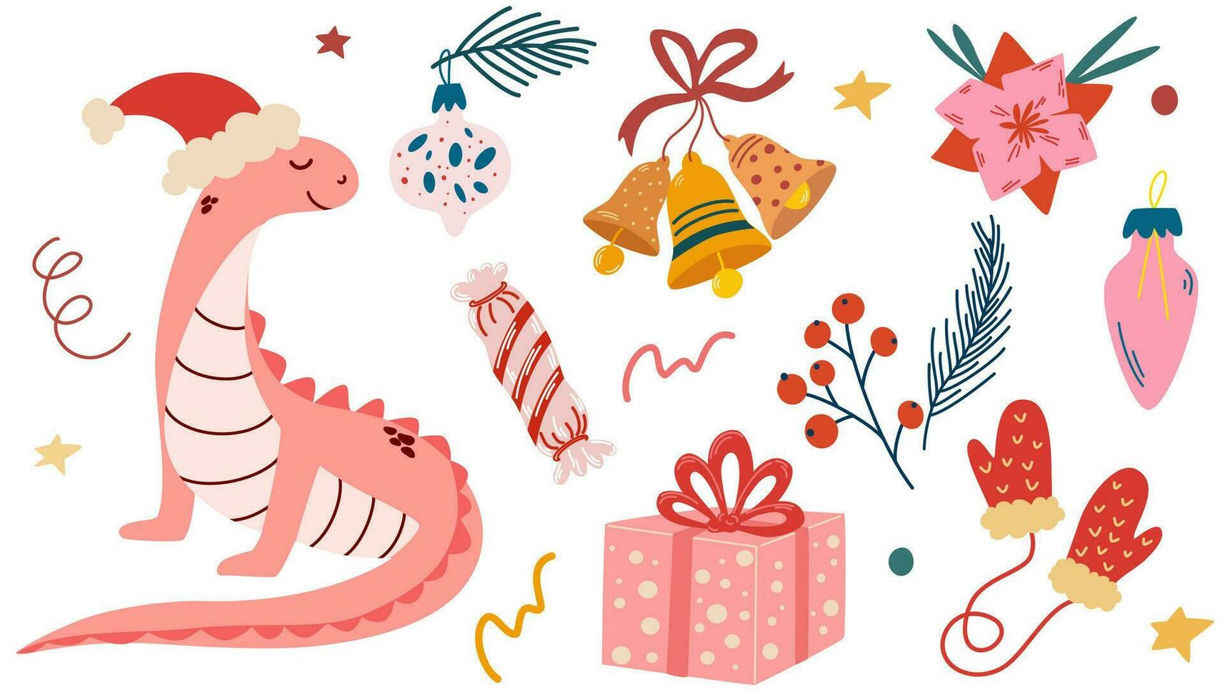 Natal conjunto com Dragão e Novo ano elementos. feliz chinês Novo ano conjunto 2024 com fofa dinossauro dentro uma santa claus chapéu. animal feriados desenho animado personagem. vetor mão desenhar ilustração