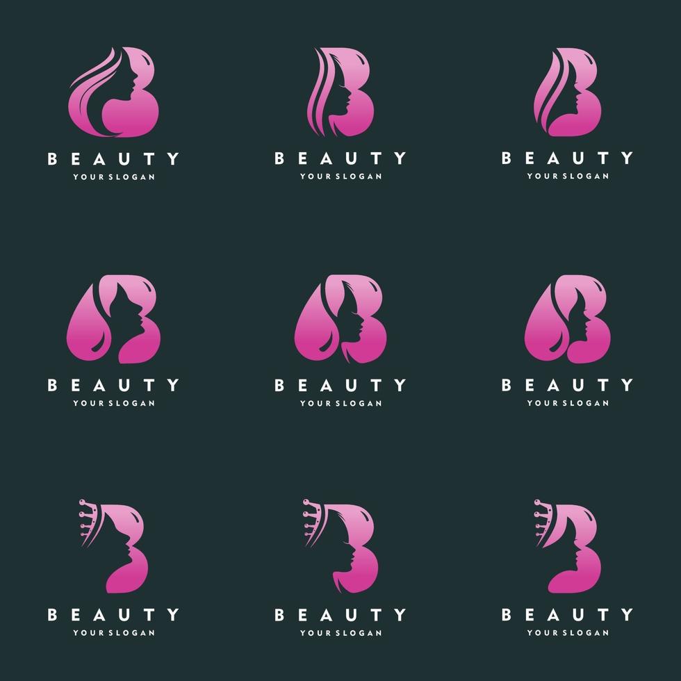 Conjunto de logotipo de rosto de beleza de luxo b letra ícone ilustração vetorial design vetor