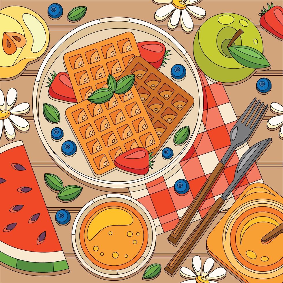 composição do café da manhã com waffles de frutas vetor