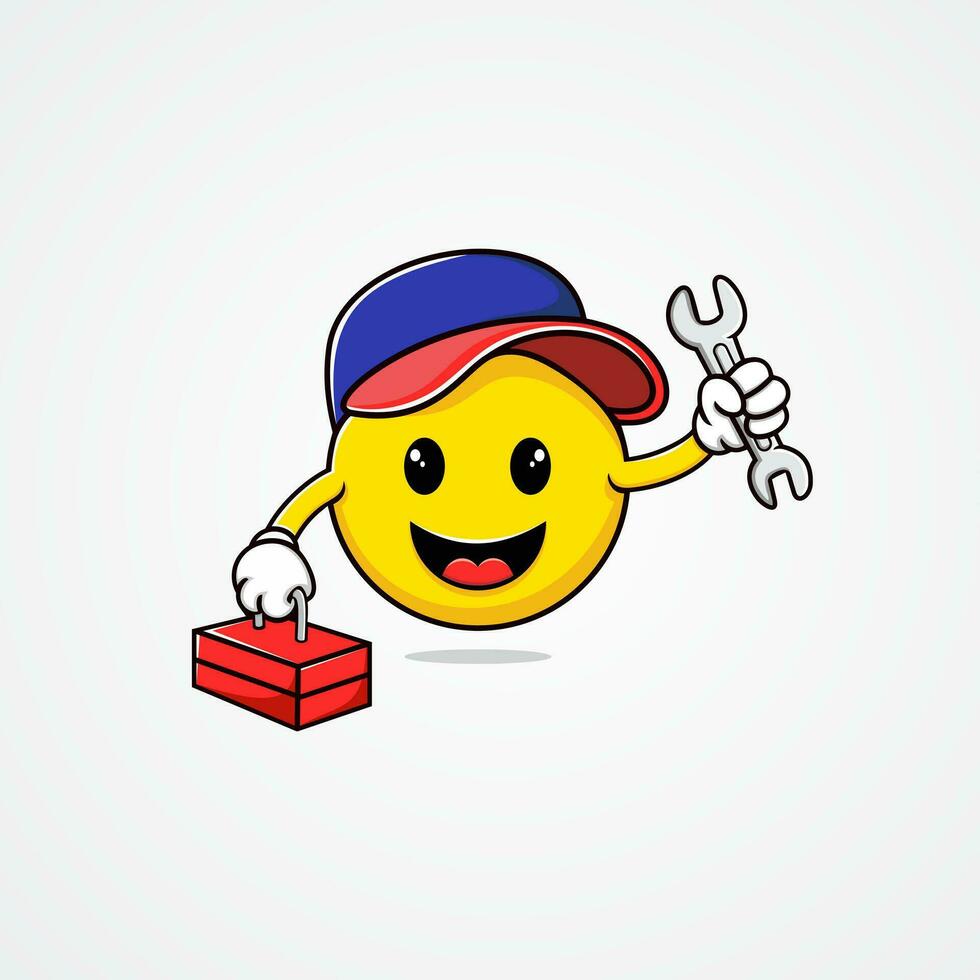 automotivo ilustração do fofa emoji, segurando chaves e reparar ferramenta caixa. vetor