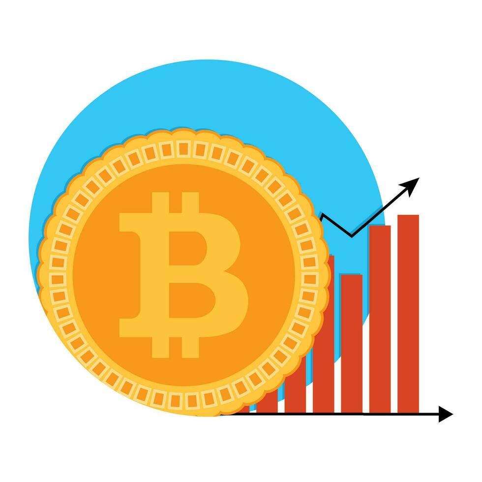 bitcoin crescimento gráfico símbolo. crachá rótulo emblema btc crescente, seta infográfico e bancário aumentar. vetor ilustração
