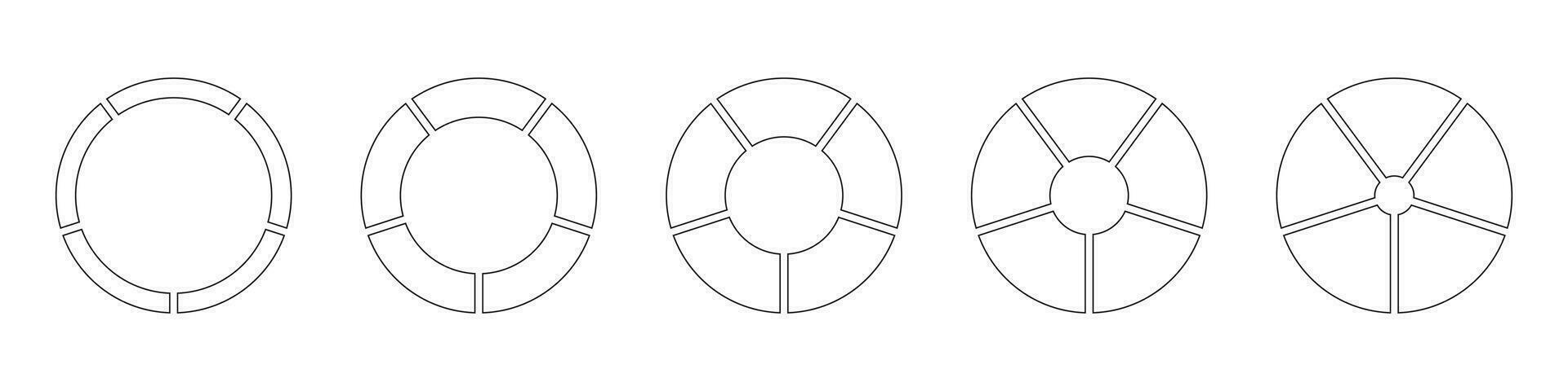 rodas volta dividido dentro cinco Seções. esboço rosquinha gráficos, tortas segmentado em 5 igual peças. diagramas infográfico definir. círculo seção gráfico linha arte. volta torta gráfico ícones. geométrico simples elementos. vetor