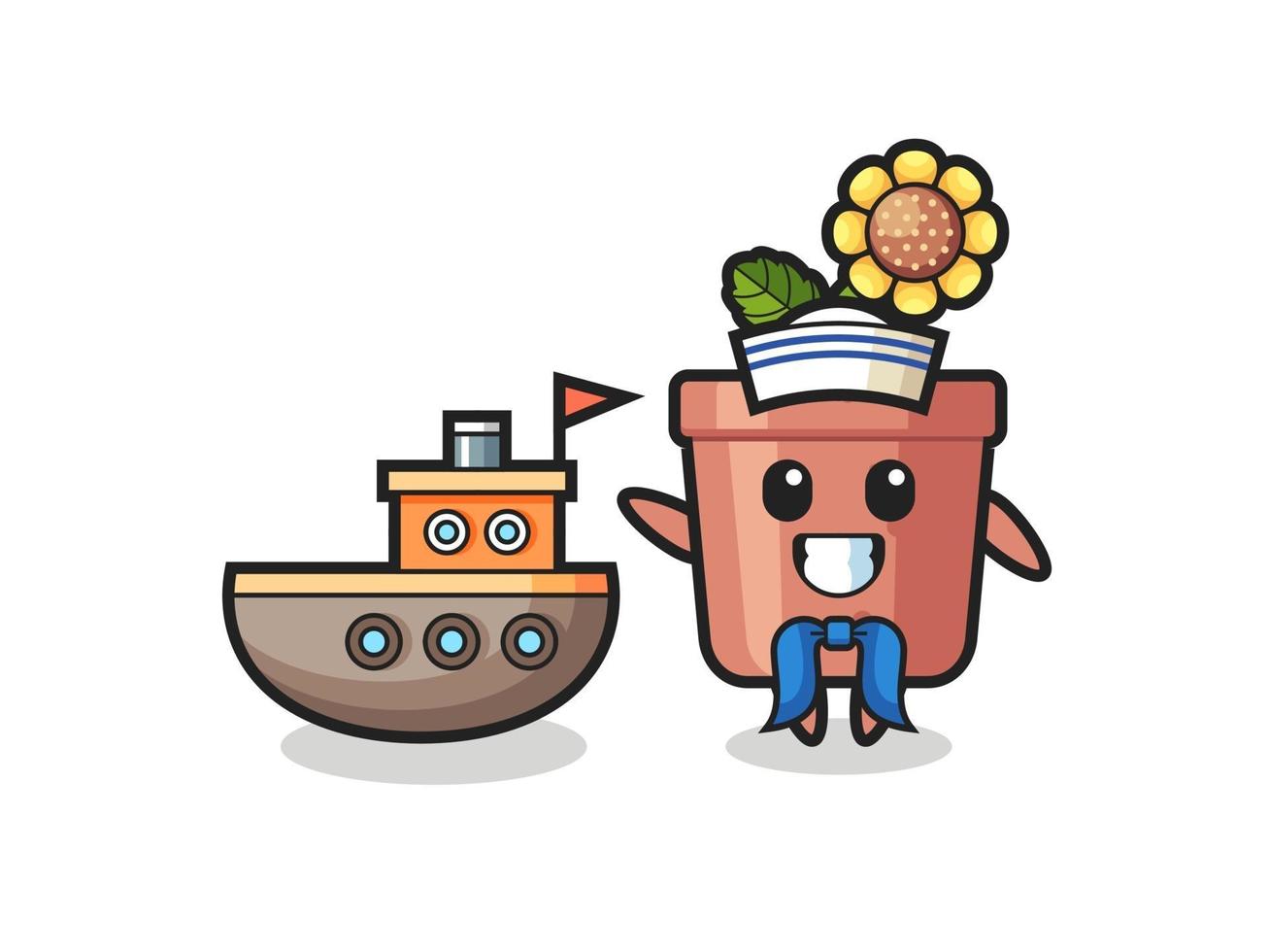 personagem mascote do pote de girassol como um marinheiro vetor
