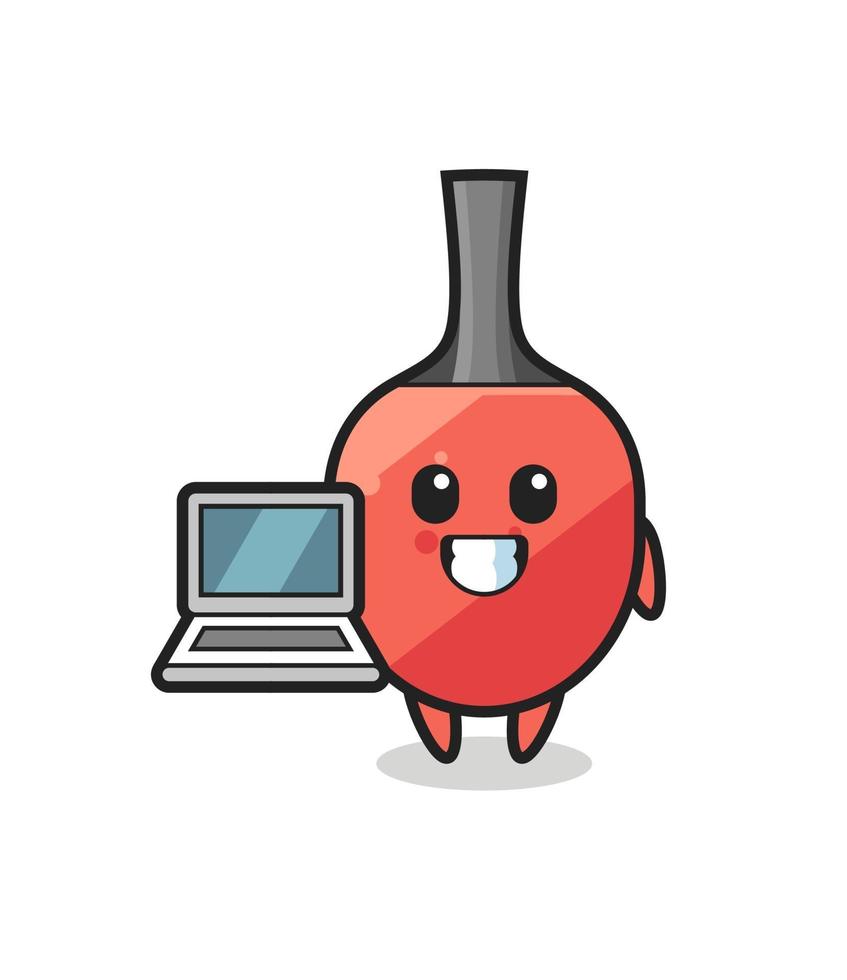 ilustração do mascote da raquete de tênis de mesa com um laptop vetor