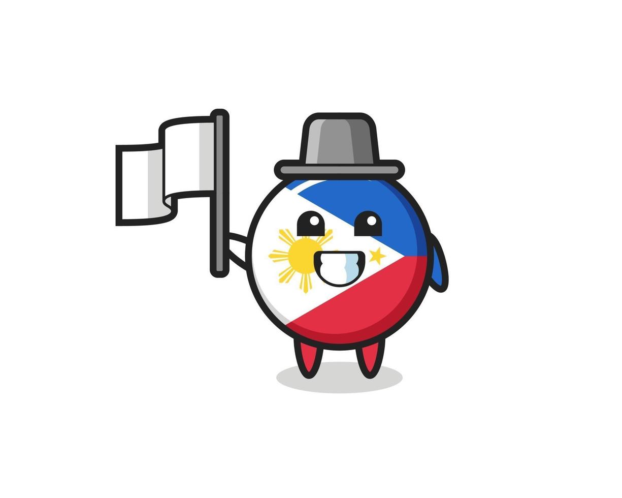 personagem de desenho animado do distintivo da bandeira das Filipinas segurando uma bandeira vetor