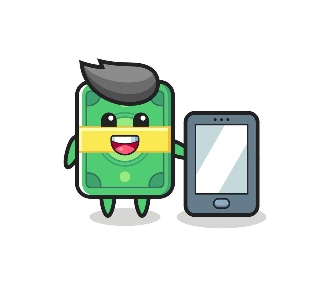 desenho animado de ilustração de dinheiro segurando um smartphone vetor