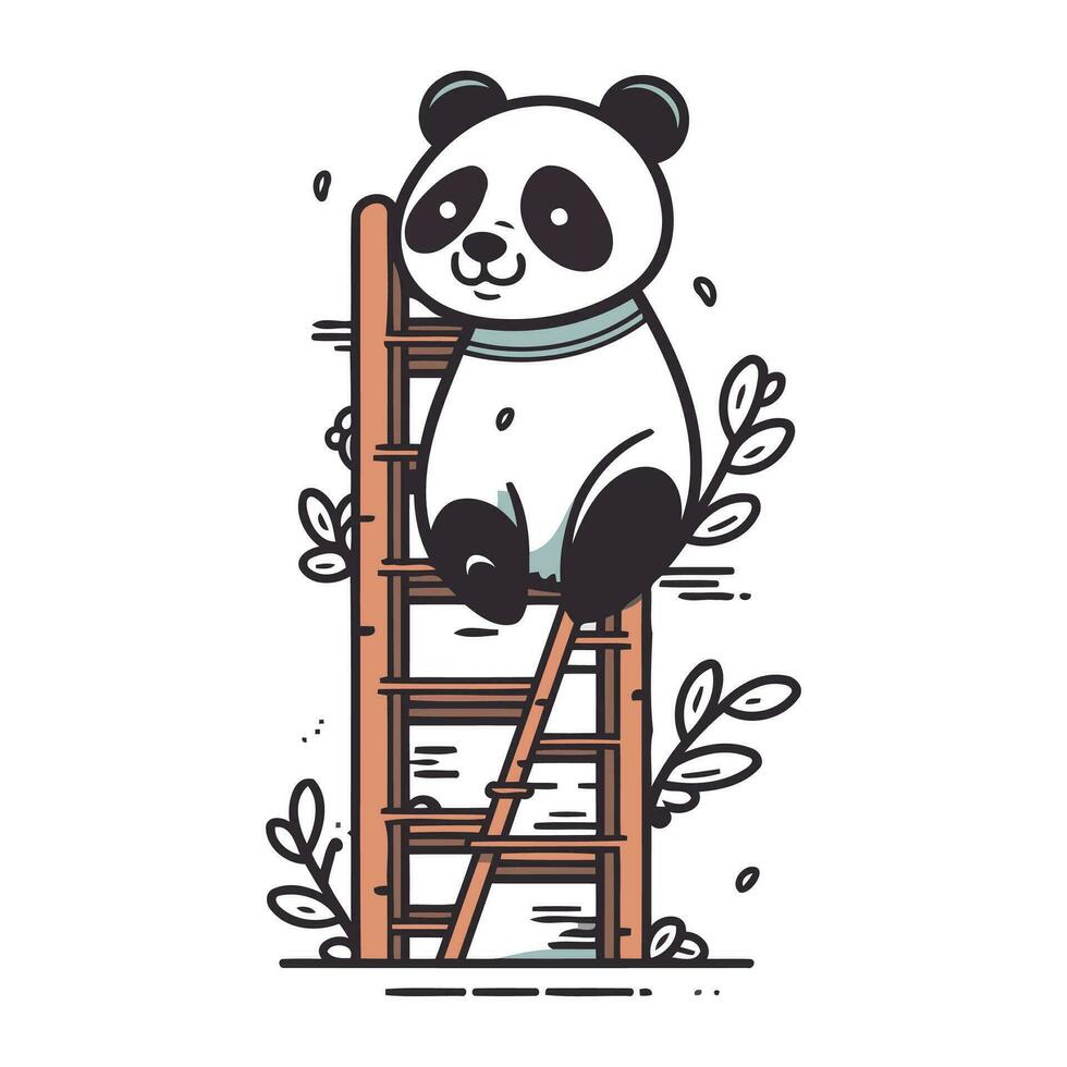 fofa panda sentado em uma escada. mão desenhado vetor ilustração.
