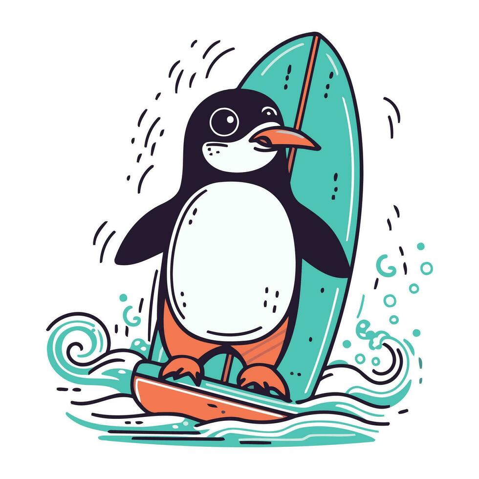 fofa pinguim em prancha de surfe. vetor ilustração dentro desenho animado estilo.