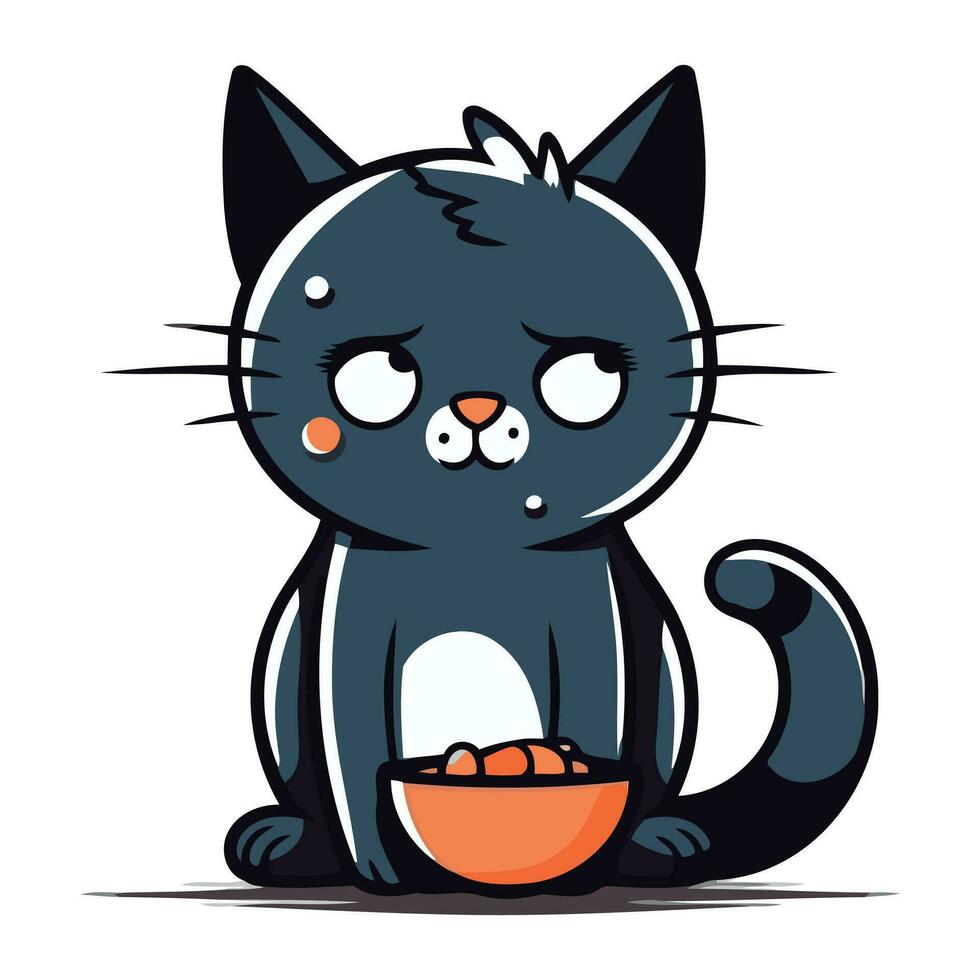 fofa desenho animado gato com uma tigela do Comida. vetor ilustração.
