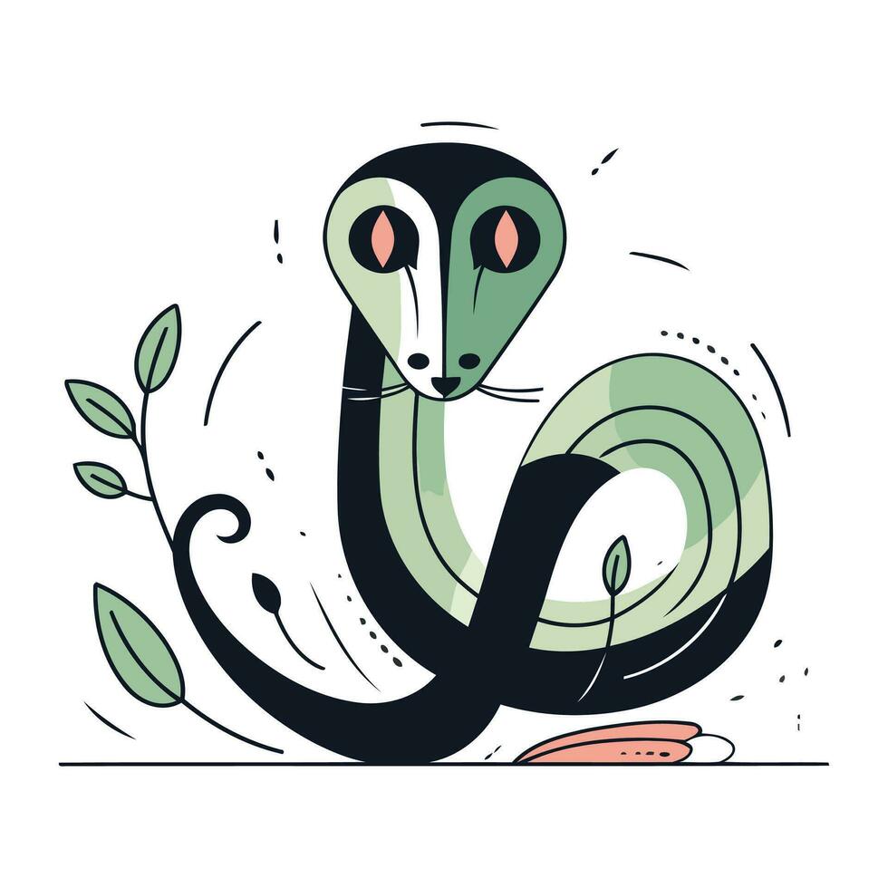 fofa serpente com folhas. vetor ilustração dentro plano desenho animado estilo.