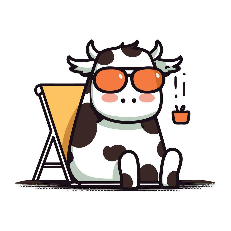fofa desenho animado vaca com oculos de sol sentado em uma de praia cadeira. vetor ilustração.