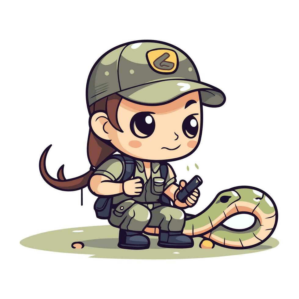 pequeno menina dentro uma militares uniforme com uma serpente. vetor ilustração.