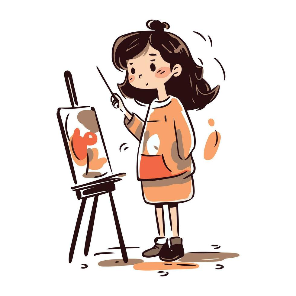 pequeno menina pintura em cavalete. vetor ilustração dentro desenho animado estilo.