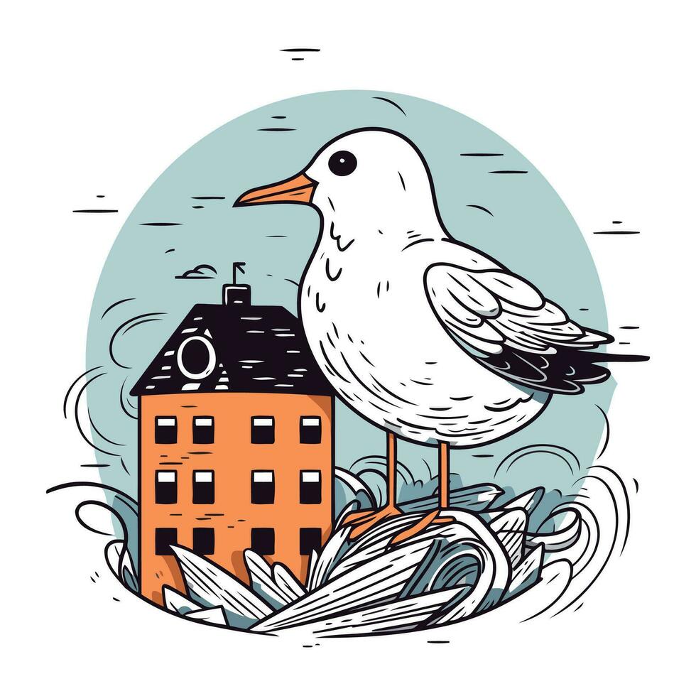 vetor ilustração do uma gaivota e a casa dentro a Formato do uma círculo.