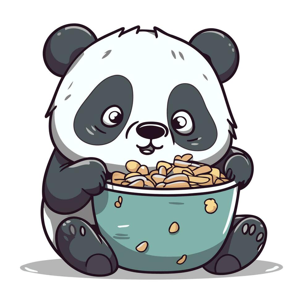 fofa panda comendo a partir de uma tigela do cereais. vetor ilustração.