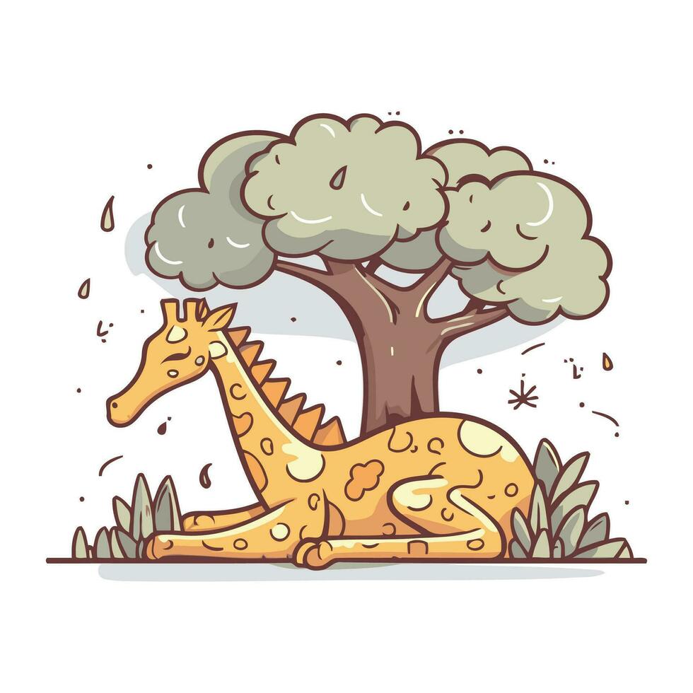 desenho animado girafa sentado debaixo uma grande árvore. vetor ilustração.