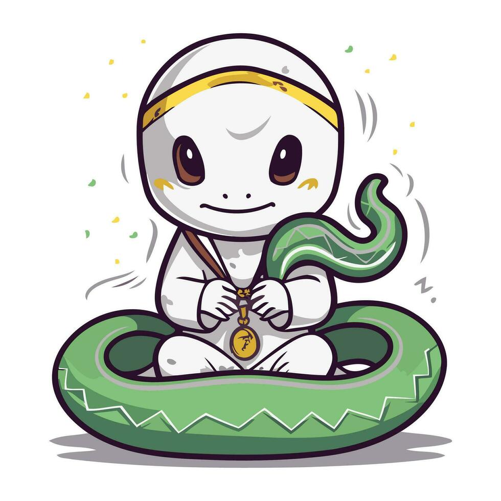 ilustração do fofa serpente vestindo traje e segurando uma gancho vetor