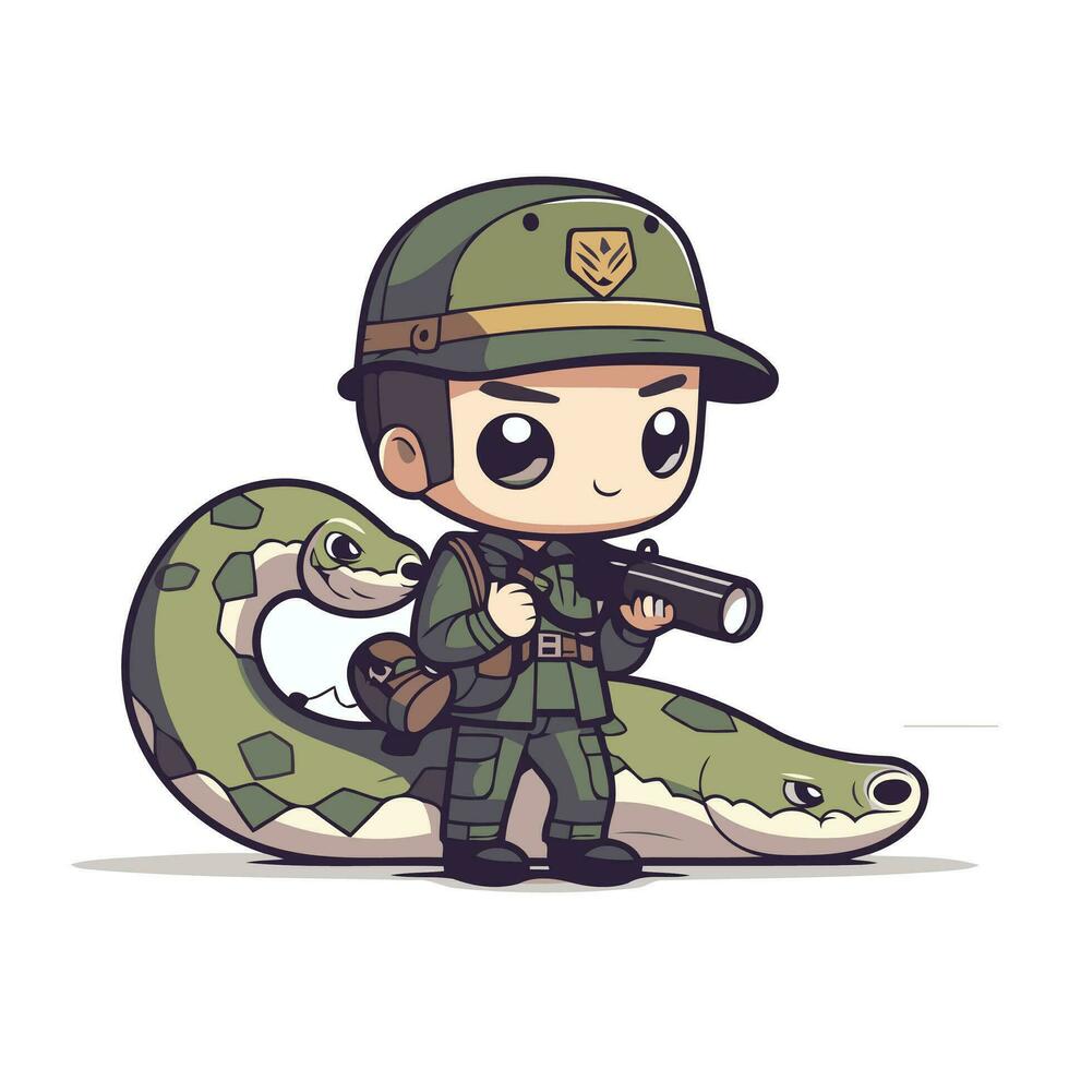 fofa pequeno Garoto dentro militares uniforme com serpente. vetor ilustração.