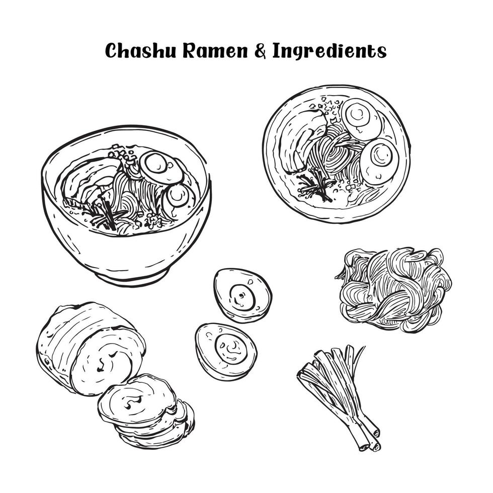 Chashu ramen e vetor de silhueta de ingredientes