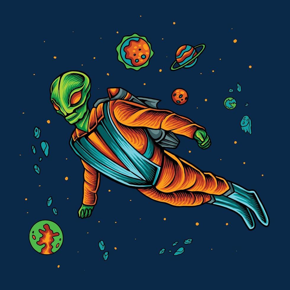 astronauta alienígena voando no espaço vetor
