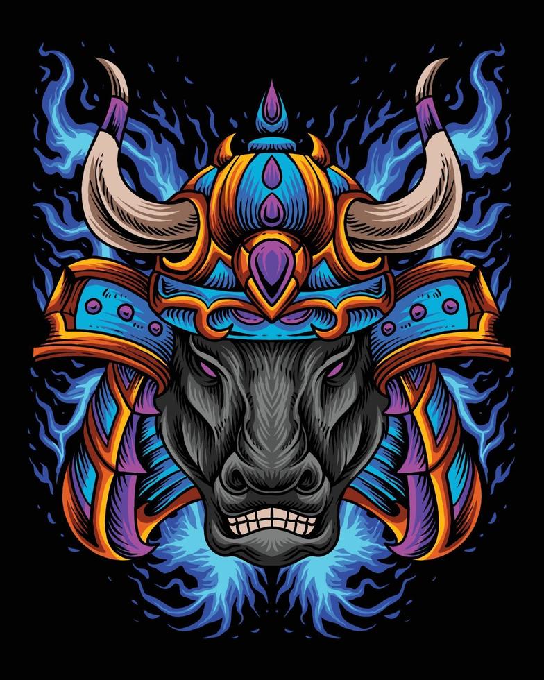 cabeça de touro preta com logotipo de cabeça de samurai vetor