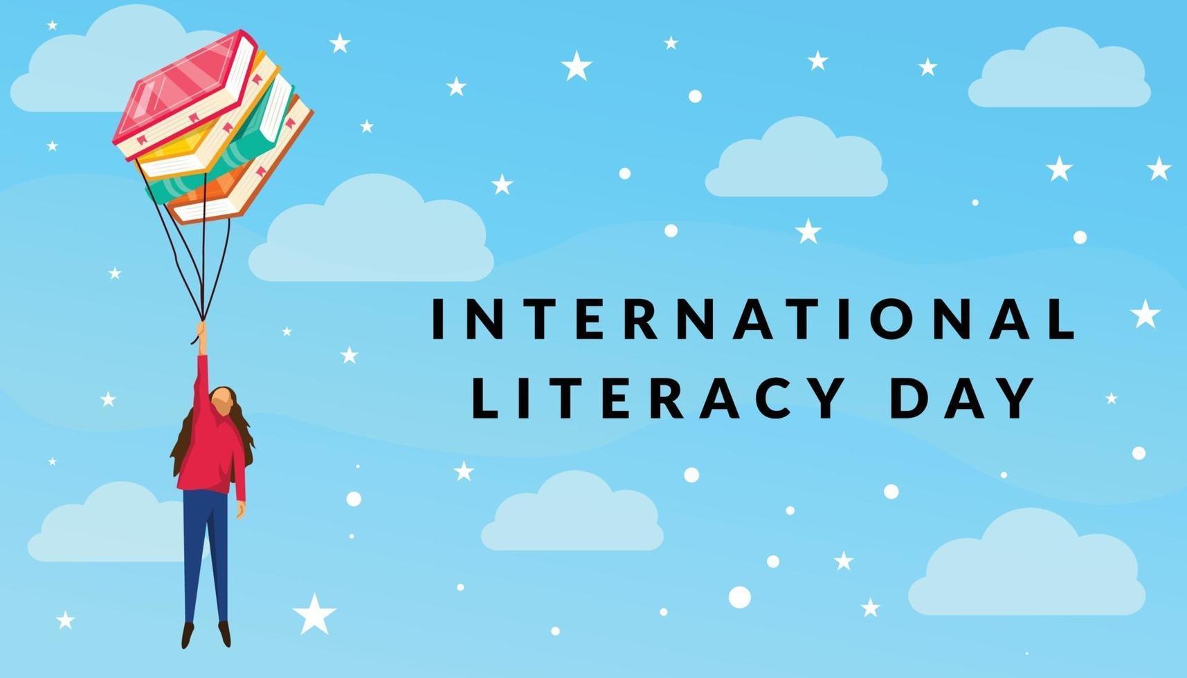 dia internacional da alfabetização. mulher voando com livros vetor