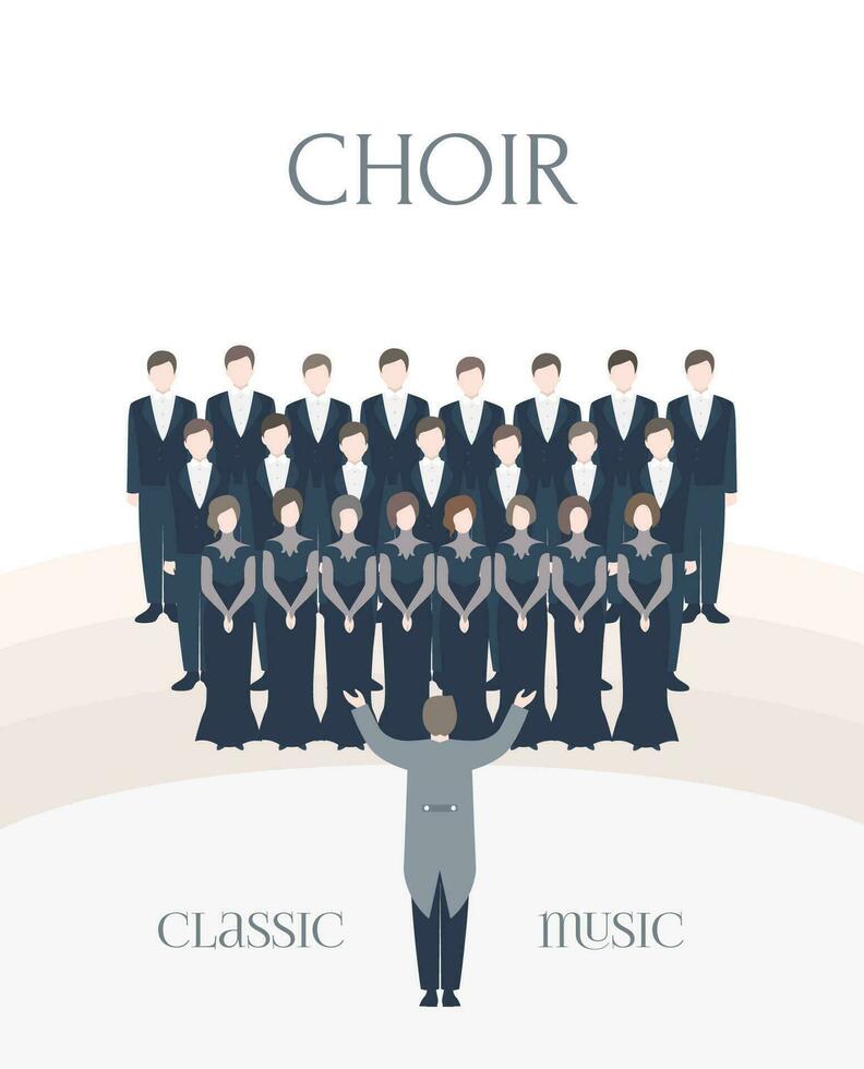 vertical publicidade poster do desempenho clássico coro. homem e mulher cantores juntos com condutor. colorida vetor ilustração dentro plano estilo com rotulação.