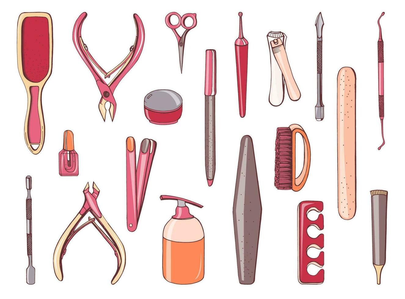 manicure equipamento definir. coleção diferente ferramenta, lixa de unha, máquinas de cortar cabelo, tesoura. mão desenhado colorida ilustração. vetor