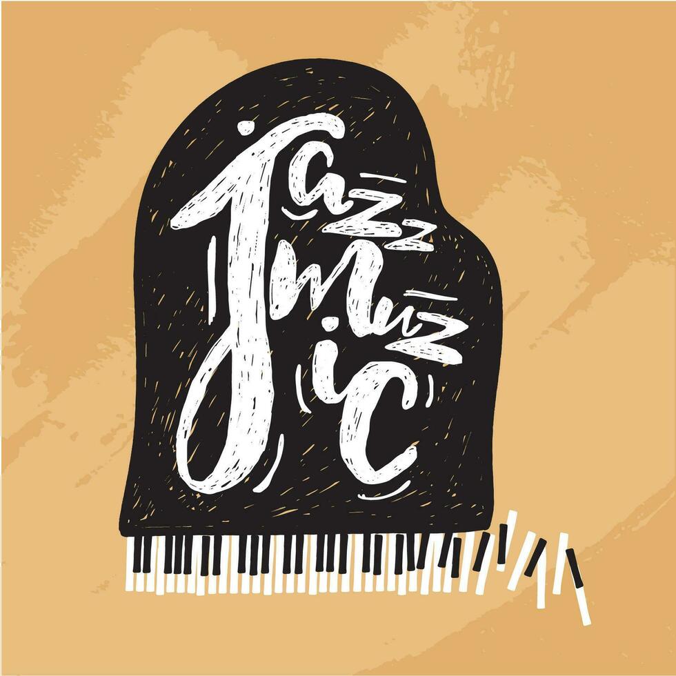 jazz música letras composição, inscrição com grande piano. mão desenhado ilustração para poster, cartaz. vetor