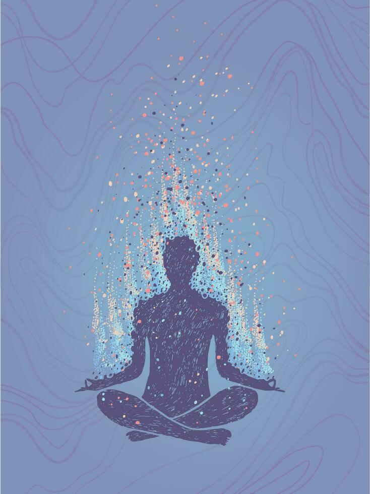 conceito do meditação, iluminação. humano sentado dentro uma lótus pose. vertical mão desenhado colorida ilustração. vetor