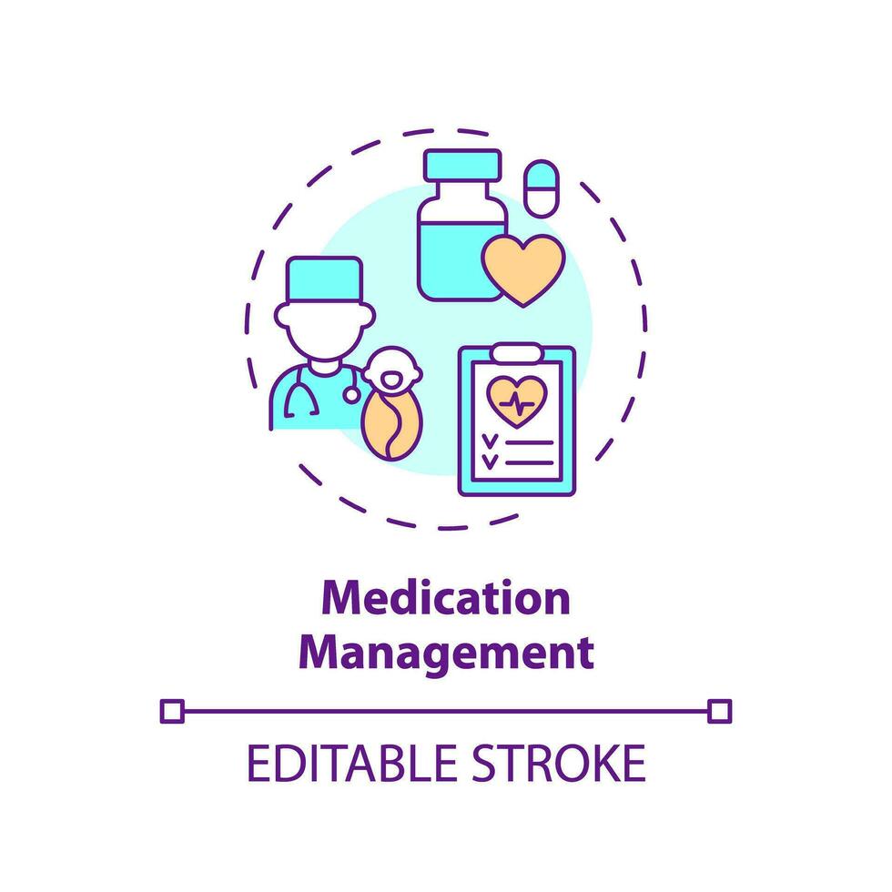 medicação gestão conceito ícone. médico prescrição. lado efeito. doença tratamento. pediatra hospital. Cuidado plano abstrato idéia fino linha ilustração. isolado esboço desenho. editável acidente vascular encefálico vetor