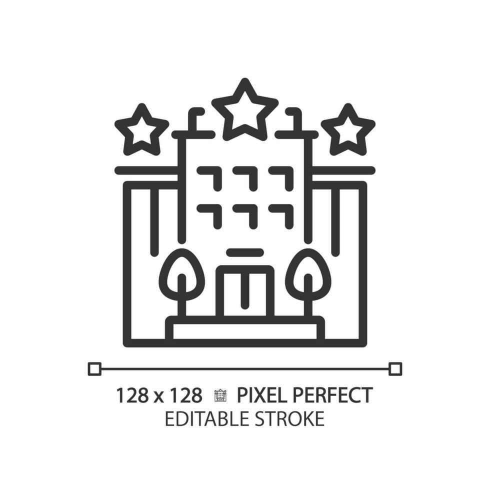 2d pixel perfeito editável Preto hotel ícone, isolado vetor, construção fino linha ilustração. vetor